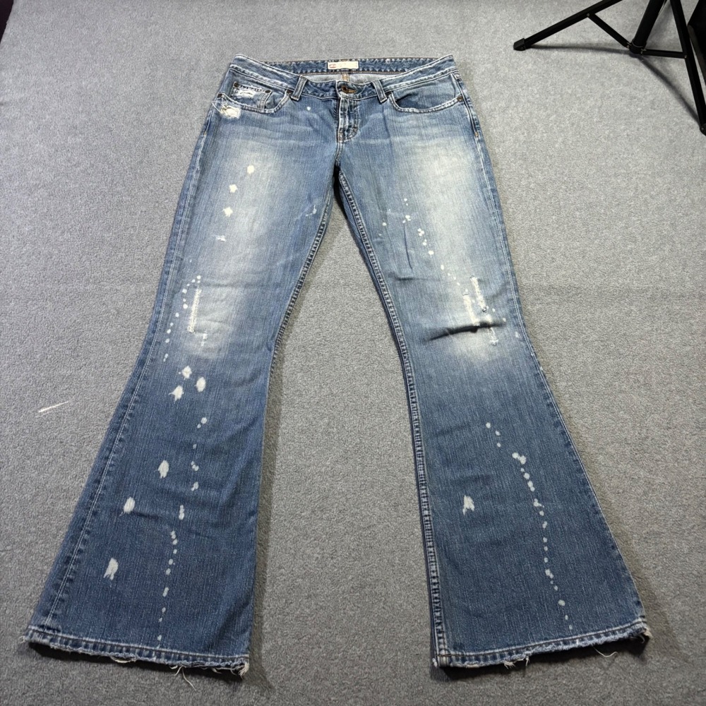 BKE Star Flare Jeans Women 33 Blue Bleach Splatter Distressed BKL5823R Wide Leg
